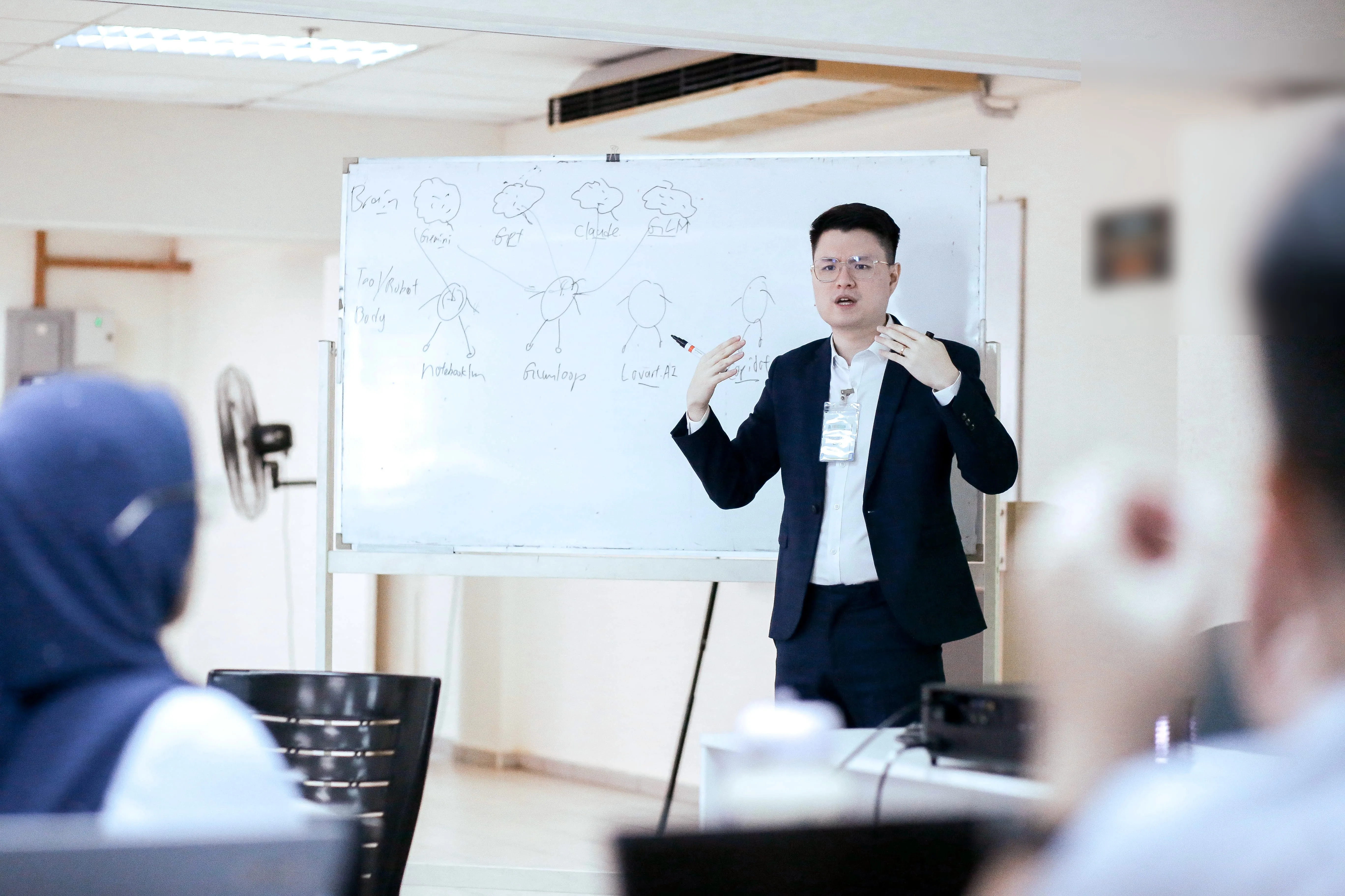 GrowthPro Asia trainer leading a whiteboard session on AI systems.